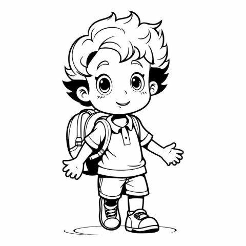 Black and White Cartoon Illustration of Cute School Boy Student