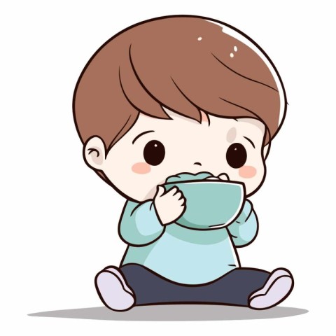 Illustration of a Cute Little Boy Drinking a Cup of Tea