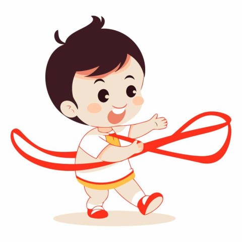 Cute boy running with ribbon isolated on white background.