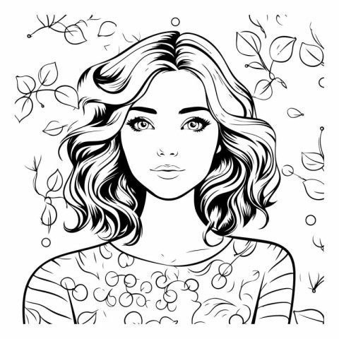 Beautiful girl with flowers in her hair. Black and white vector