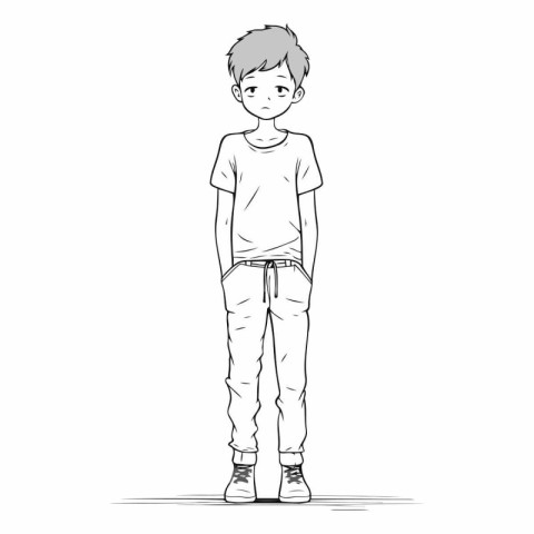 A boy in casual clothes stands on a white background.