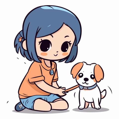 Little girl playing with her dog. Cute cartoon vector illustrati