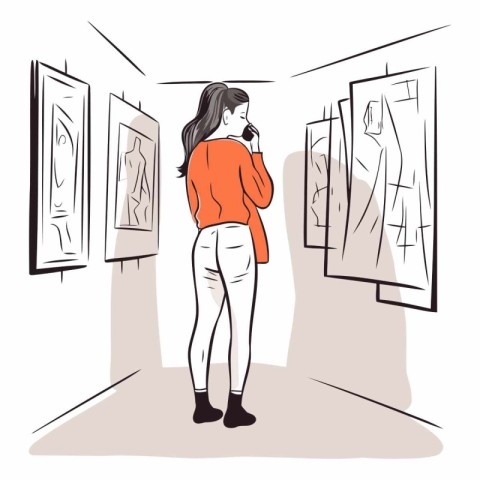 Young woman looking at paintings in art gallery. sketch vector i