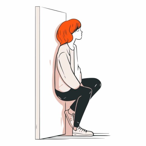 Illustration of a sad girl sitting in front of the mirror.