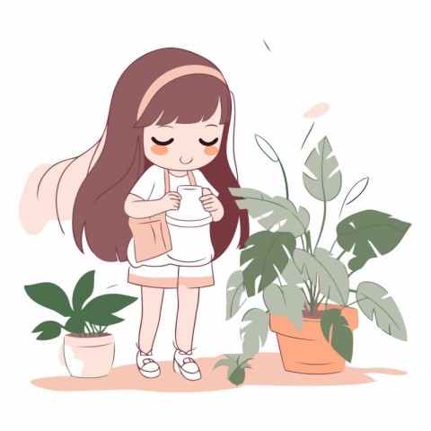 Girl watering houseplants in flat cartoon style.