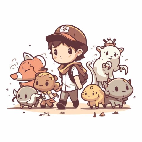 Cartoon illustration of a boy with a group of wild animals.