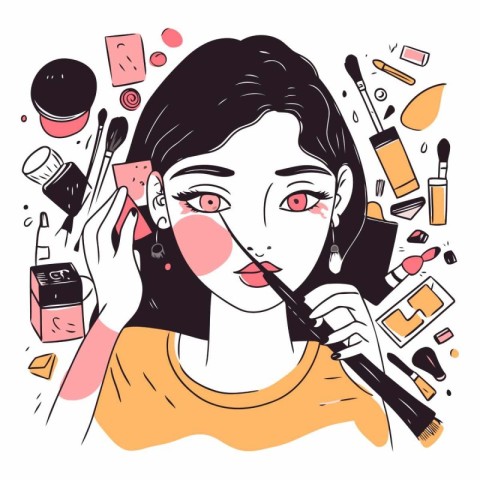 Beauty girl face with cosmetics. Vector hand drawn illustration