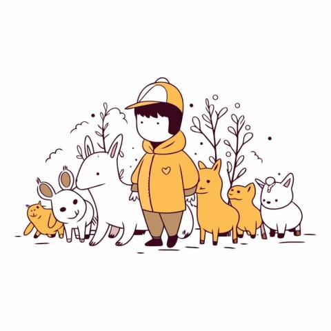 cute little boy with animals in the field characters vector illu