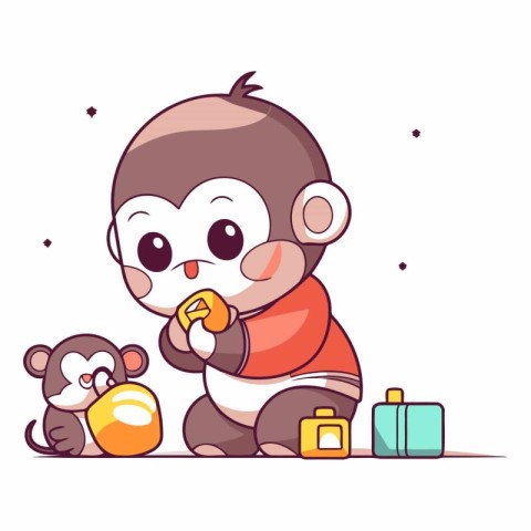 Vector illustration of cute baby monkey playing with toys. Flat