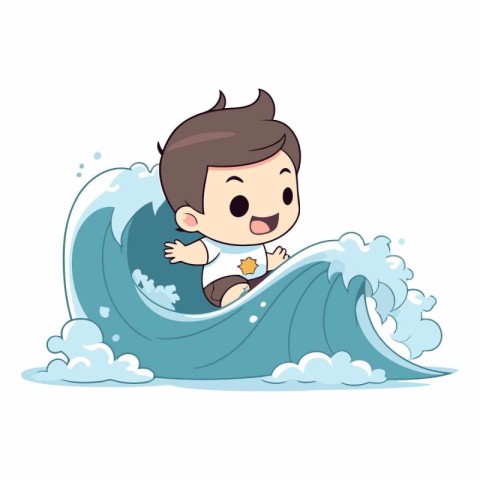 cute little boy surfing on the wave. cartoon vector illustration