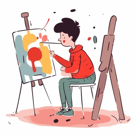 Young man painting a picture on canvas in cartoon style.