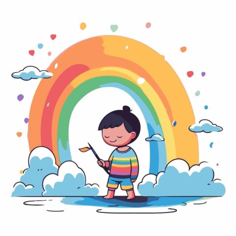 cute little boy playing with rainbow cartoon vector illustration