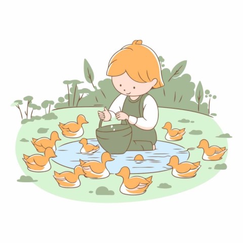 Little girl feeding ducks in the pond. Cute cartoon vector illus