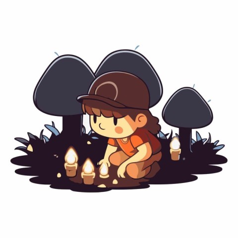 Cute little boy in a hat sitting on a grave with candles