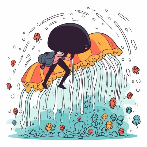 Cartoon vector illustration of a man in a raincoat swimming unde