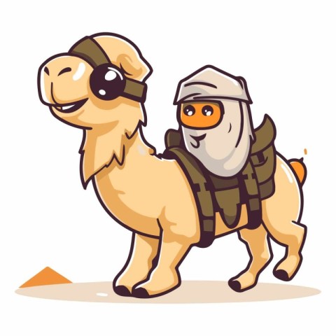 Camel in a military uniform and a helmet.