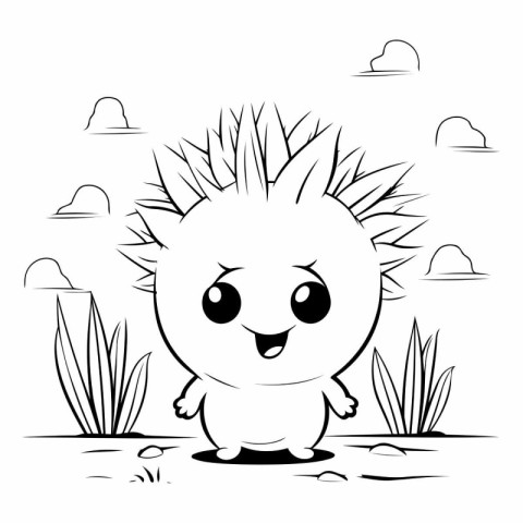 Cute hedgehog standing in the grass for coloring book.