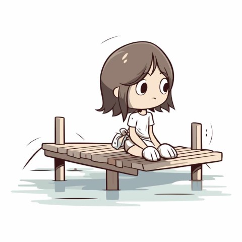 Little girl sitting on the bench. Cartoon style.