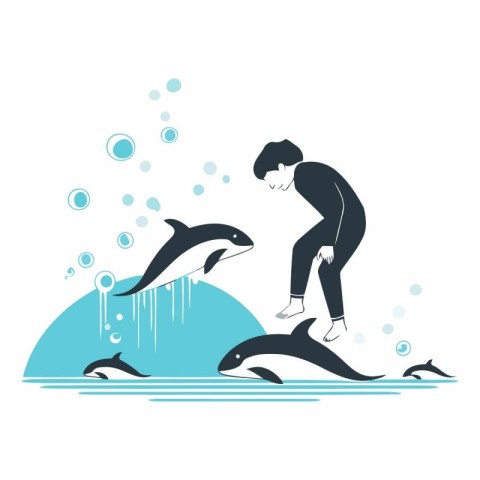 Dolphin jumping out of water in flat style.