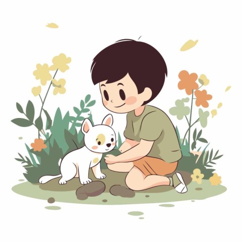 Cute boy playing with his dog in the garden