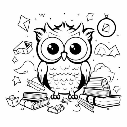 Coloring book for children: owl with books and cards. Black and