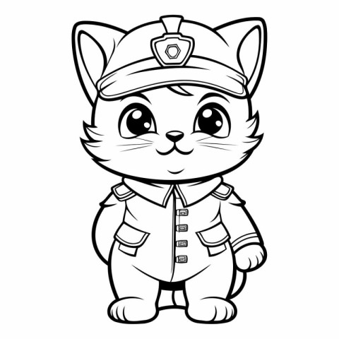 Black and White Cartoon Illustration of Cute Cat Captain Charact