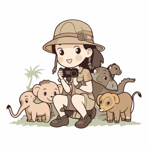 Illustration of a Safari Girl with Her Dog and Cats on a White B