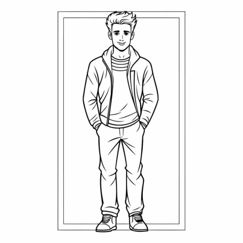 Handsome young man cartoon in black and white vector illustratio