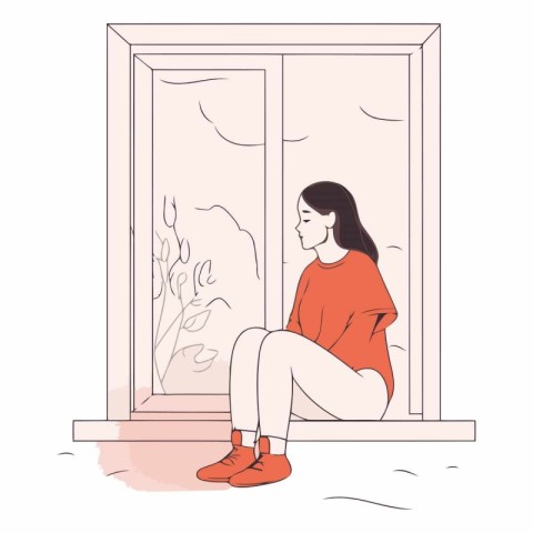 Sad girl sitting on the windowsill in sketch style