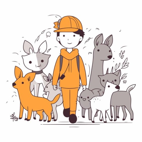 Cute little boy walking with a group of animals