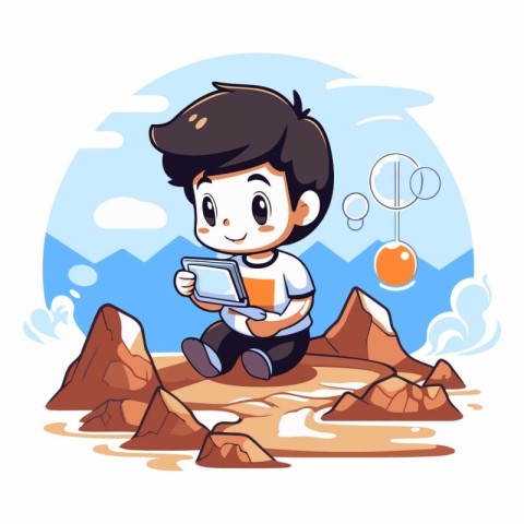 Boy playing video game on the rocks in cartoon style.