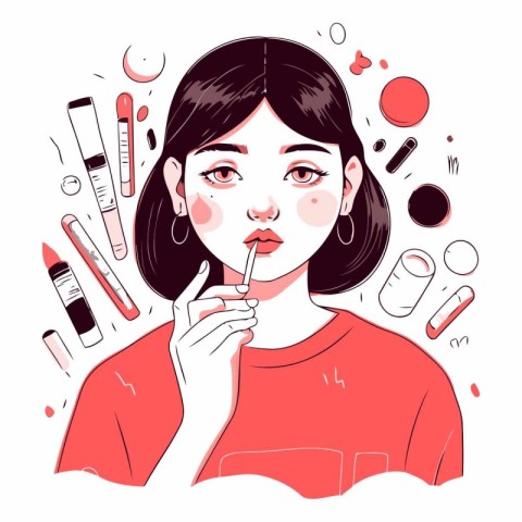 Young woman applying lip gloss in sketch style. Girl with makeup