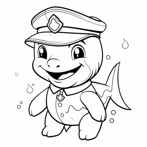 Black and White Cartoon Illustration of Cute Little Fish Captain