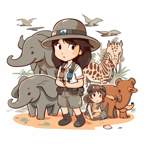 Illustration of a Safari Girl with Her Baby and Wild Animals.