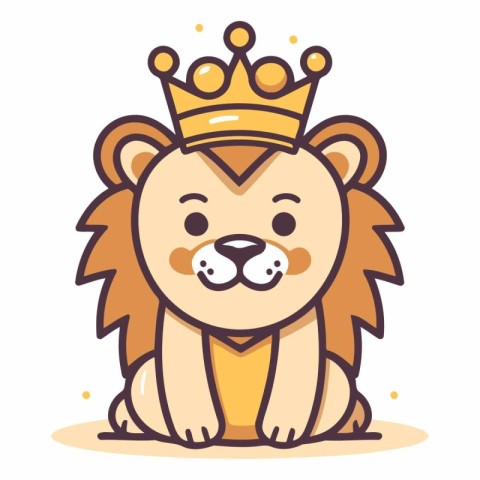 Cute lion with crown in flat cartoon style.