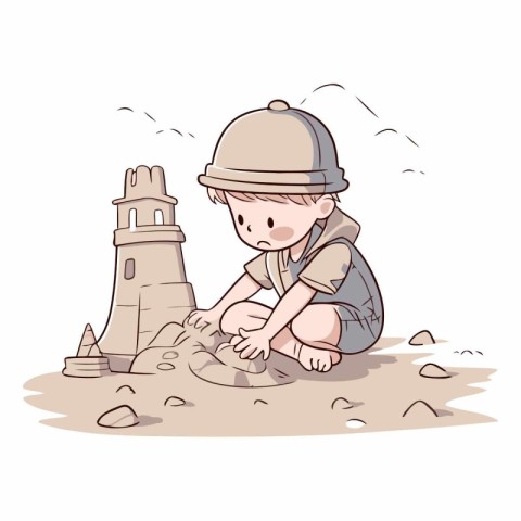 Illustration of a little boy playing in the sand with a sand cas