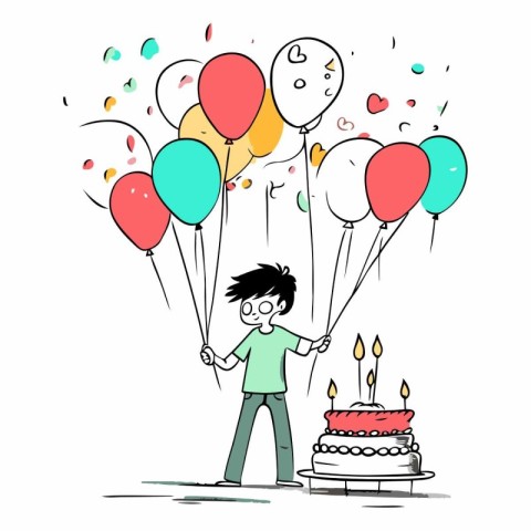 Boy with birthday cake and balloons. Hand drawn cartoon vector i