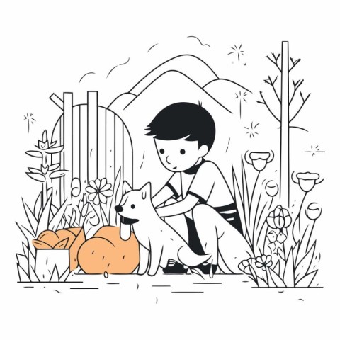 Boy with dog in the garden in line art style.