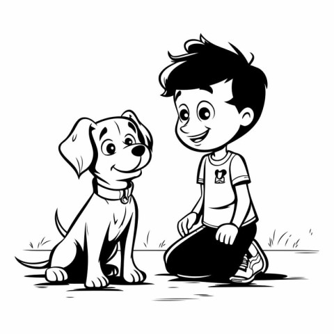 Boy and dog - black and white vector illustration for coloring b