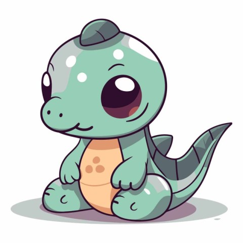 Cute baby dinosaur sitting on the floor. Cartoon vector illustra