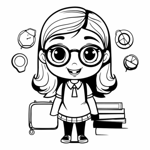 cute girl student with books and education icons vector illustra