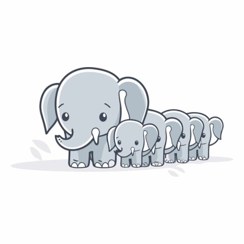 Cute baby elephant family isolated on white background.