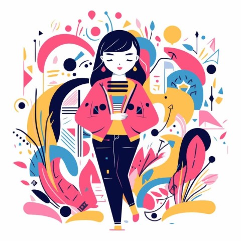 Vector illustration of a girl in a pink jacket standing and read