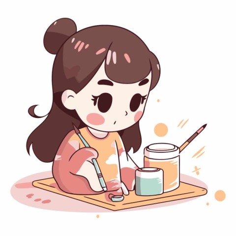 Illustration of a Cute Girl Painting with Paintbrushes.