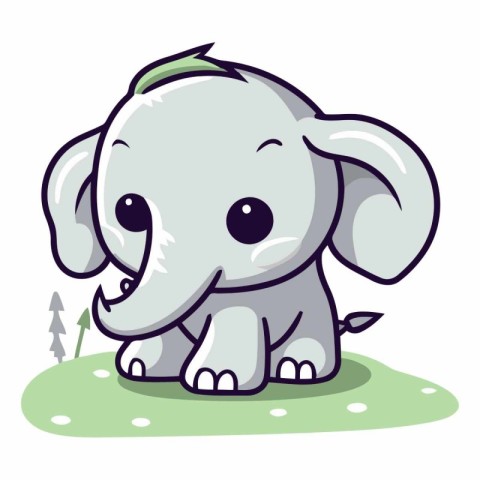 Cute grey elephant sitting on the grass. Vector cartoon illustra