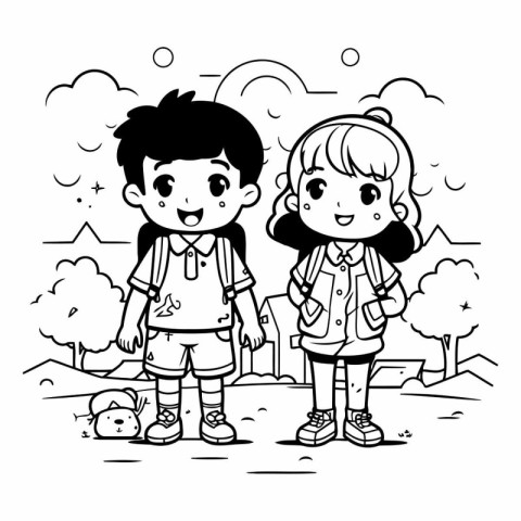 cute little students couple in the park characters vector illust