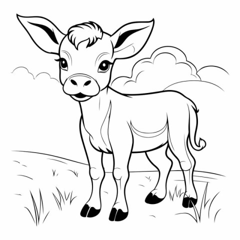 Coloring pages for children. Cute cartoon cow in the meadow.