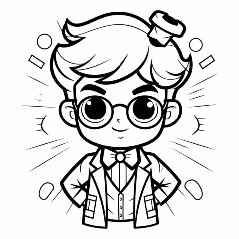 Black and White Cartoon Illustration of Cute Boy Comic Character