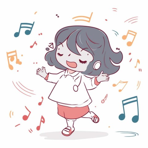 Girl singing and dancing with musical notes. Cute cartoon vector