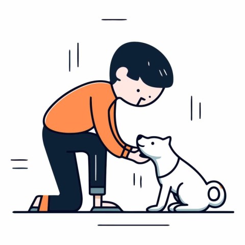 Man playing with a dog in flat linear style.